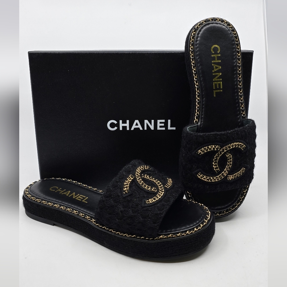 Chanel Wool/Alpaca Chain CC Slide Sandals
